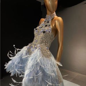 Pleat Feather Rhinestone Midi Dress Blue